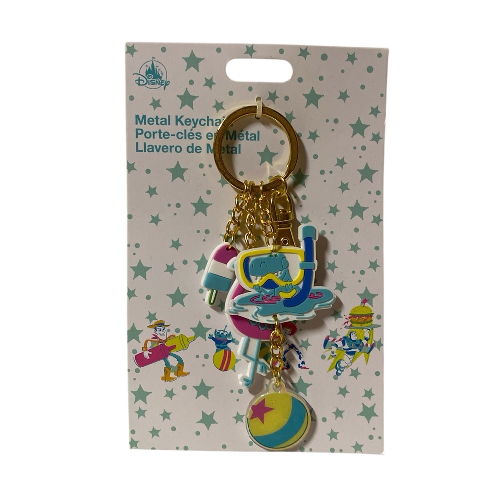 Disney Parks Toy Story Summer Splash Rex Metal Keychain Pixar Flamingo Bag Charm